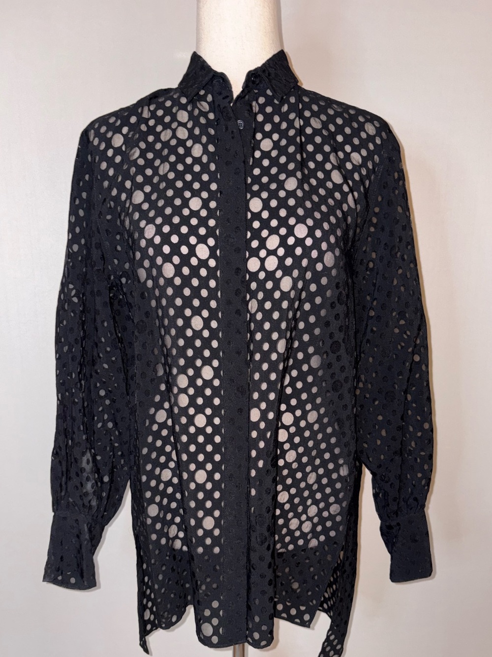 Akris Punto Sheer Polka Dot Eyelet Button Front Blouse with Shirttail Hem Size 4